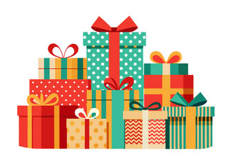 Illustration of a colorful stack of presents with ribbons and bows on a white background design vector