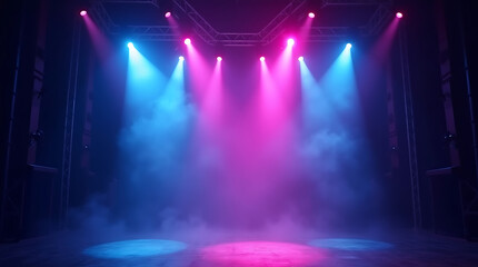 Empty Stage with Blue and Pink Spotlights and Smoke Effects lighting concert