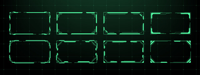 Fututistic hud frames set. Cyber user interface border. Digital game display elements. Sci fi technology dashboard screen.