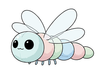Cartoon dragonfly character smiling with pastel colors and white background for children's illustration