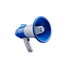 Announce important news or make a bold announcement with this professional blue and white megaphone, perfect for campaigns and promotions.