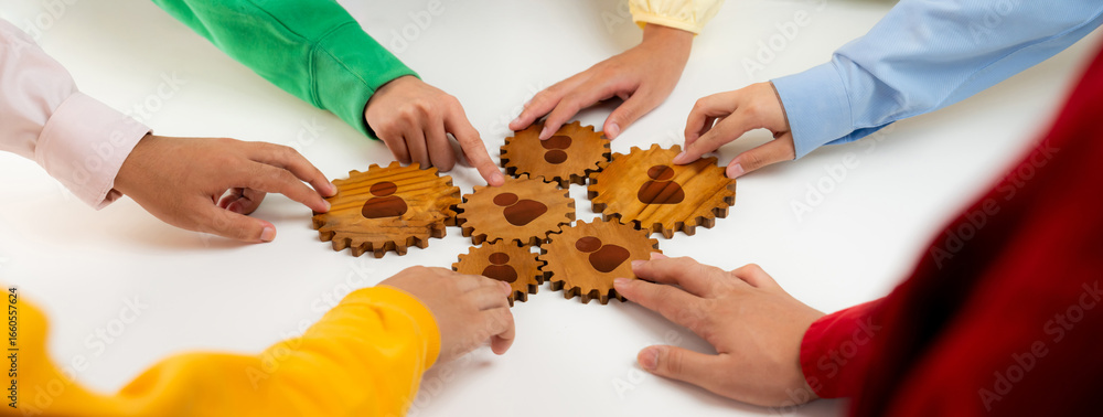 Poster diverse hands come together to connect gears, symbolizing teamwork and networking in a professional 