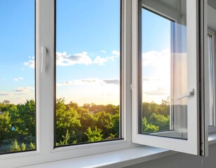 Obraz premium Open window reveals a scenic sunset over lush green trees and a clear sky