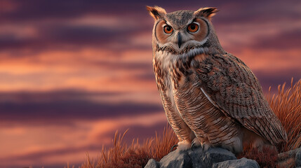 Obraz premium A great horned owl perched on a cliff edge during sunset, vibrant orange and purple sky, dramatic lighting, detailed feathers, ultra-realistic, 8k resolution