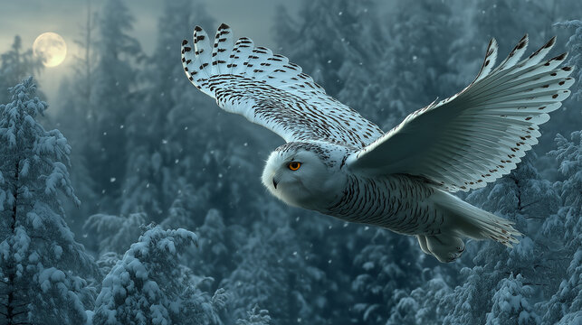 A snowy owl flying through a dense forest covered in snow, snowflakes gently falling, soft moonlight filtering through trees, photorealistic, 4k resolution - Powered by Adobe