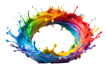 Circular rainbow paint splash with droplets on background color circle isolated on a transparent background