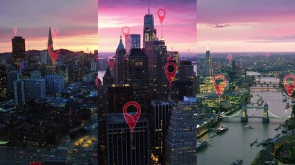 Futuristic Aerial City Skylines With Location Markers Highlighting Global Connectivity, Smart Technology, GPS Navigation And Networks For Communication Tracking. London, New York and San Francisco. - Powered by Adobe
