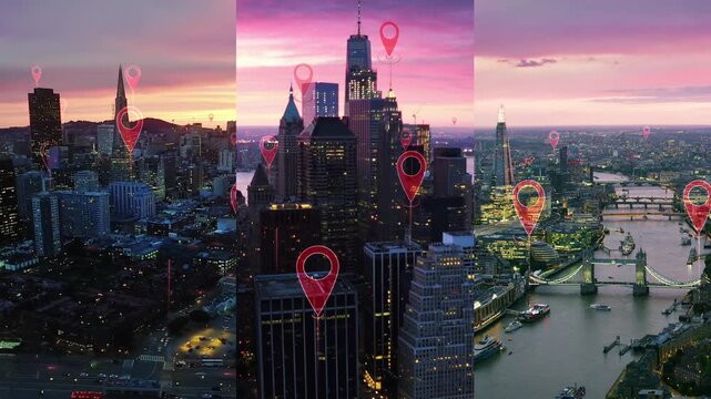 Futuristic Aerial City Skylines With Location Markers Highlighting Global Connectivity, Smart Technology, GPS Navigation And Networks For Communication Tracking. London, New York and San Francisco.
