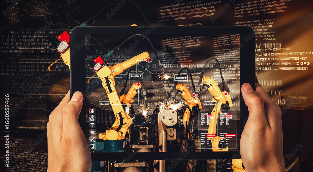 Poster engineer controls robotic arms by augmented reality industry technology application software. smart 