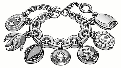 Silver charm bracelet with engraved protective symbols and lobster clasp .white background, 