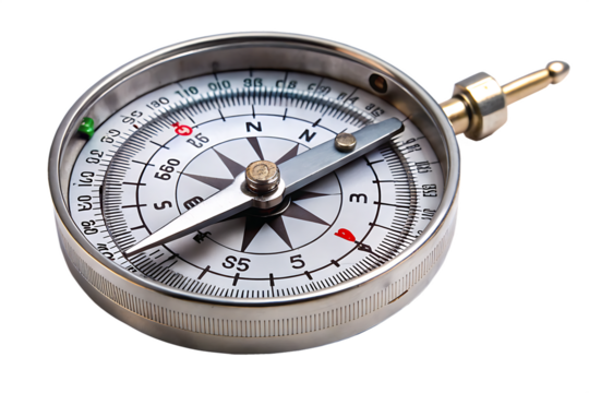 Close-up of a Silver Compass with Needle Pointing North navigation direction isolated on a transparent background