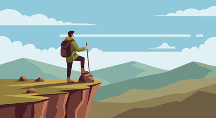Naklejka premium Achieving Goals Mountain Peak Hiker Scenic Landscape Adventure Vector Illustration