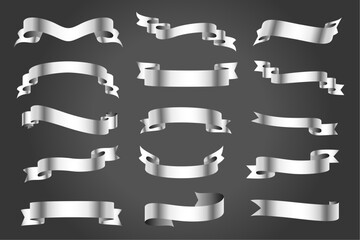 Collection of elegant silver ribbons and banners with realistic lighting