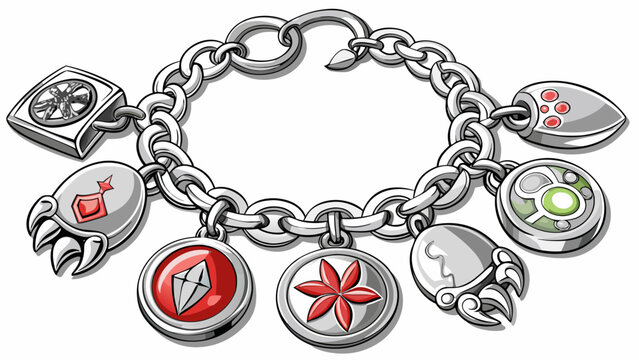 Silver charm bracelet with engraved protective symbols and lobster clasp .white background, 