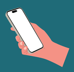 A hand using a smartphone with blank screen isolated on blue background Flat vector illustration. People chat, business time, using mobile apps, Contactless pay. Fingers touching, tapping, scrolling.