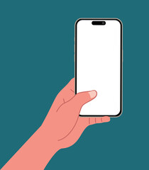 A hand using a smartphone with blank screen isolated on blue background Flat vector illustration. People chat, business time, using mobile apps, Contactless pay. Fingers touching, tapping, scrolling.