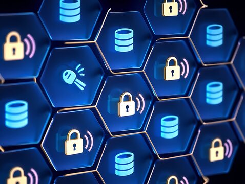 Data Security and Encryption: A futuristic digital array showcases data security, with interconnected hexagonal cells representing secure databases and encryption keys.