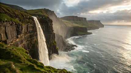Fototapeta premium Majestic waterfall cascading down a rugged cliff into the vast ocean