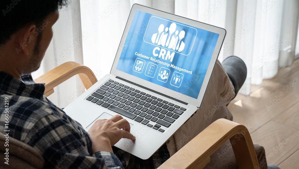 Aufkleber customer relationship management system on modish computer for crm business and enterprise