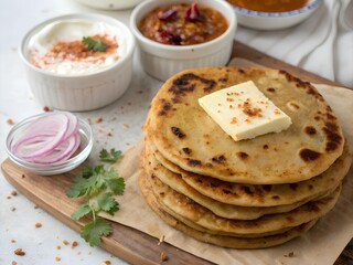 Delicious indian paratha with butter and side dishes