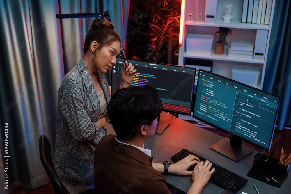 Poster it developers discussing with point to intelligent website development coder system running data onl
