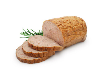 	
Baked sliced meatloaf or sekana, traditional czech or slovak dish, isolated on white background