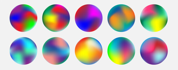 Set of bright mesh gradient circle in futuristic style. y2k hologram abstract liquid surface collection. Round iridescent shiny fluid holographic.