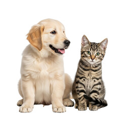 golden retriever puppy and kitten together on Isolated transparent background png. generated with AI
