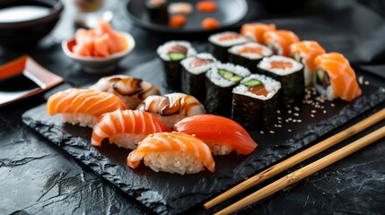 Authentic Japanese sushi platter nigiri sashimi and maki rolls on black stone plate with chopsticks