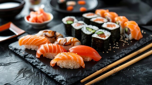 Authentic Japanese sushi platter nigiri sashimi and maki rolls on black stone plate with chopsticks - Powered by Adobe