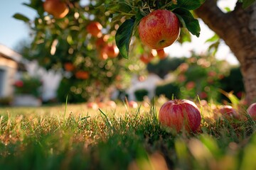 Apple orchard in late afternoon sun with ripe fruit and grassy ground in the background
