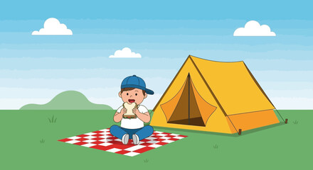 Fototapeta premium Boy Enjoying a Sandwich During Summer Camping Vacation in Outdoor Nature