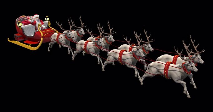 Santa Claus riding sleigh pulled by eight reindeer with gifts on transparent background, Christmas Eve delivery, holiday magic, and celebration. 3d rendering animation. Alpha channel, ProRes 4444. - Powered by Adobe