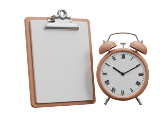 Isolated Clipboard with Blank Paper and Vintage Alarm Clock for Productivity
