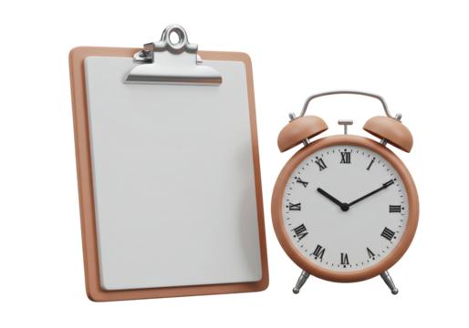 Isolated Clipboard with Blank Paper and Vintage Alarm Clock for Productivity