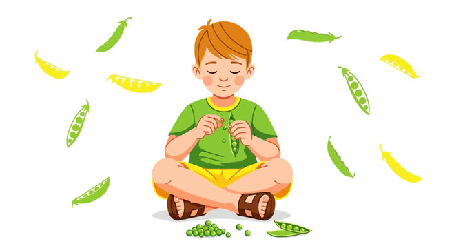 Boy Plays With Pea Pods Healthy Snack Promoting Plant Based Nutrition