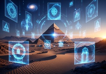 An Egyptian pyramid stands in a desert landscape, surrounded by floating, glowing, futuristic holographic displays with geometric designs.