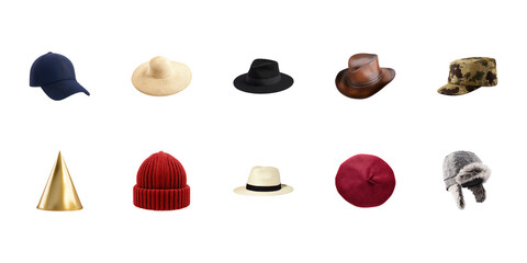 Variety Of Hat Styles Set. Fashion And Seasonal Headwear Collection Isolated On Transparent Background