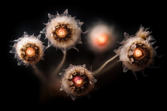 Macro Close Up of Glowing Spiky Spherical Cells with Luminous Cores Floating in Deep Black Background