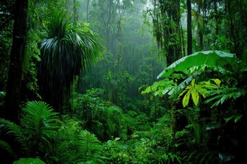 Lush Tropic Haven: A Dense Jungle Landscape Filled with Verdant Greenery and Rainfall