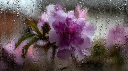 Obraz premium Pink Flower Blossom Viewed Through Rain Covered Window Close Up Macro Photography Of Delicate Petals, Blurry Background, Springtime Tranquility
