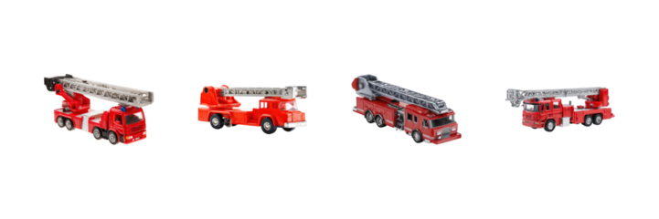 Toy Fire Truck Models Set. Children'S Play And Imaginative Learning Collection Isolated On Transparent Background