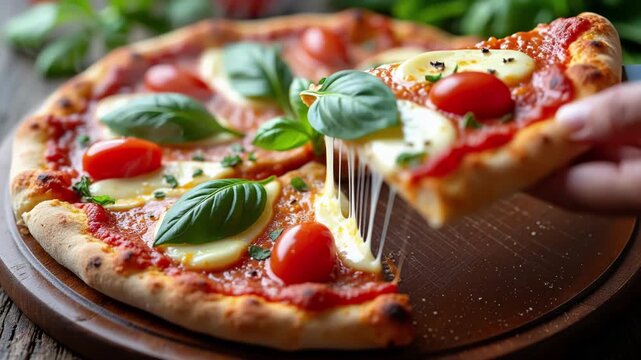 The exciting moment a hot, cheesy pizza is cut. The dynamic slicing and the mouth-watering cheese pull make for a perfectly appetizing and satisfying food video clip.