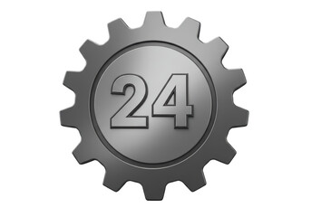 Isolated Metallic Gear Icon with Number 24 for 24-Hour Service or Operation