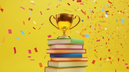 Celebrating Academic Success: Golden Trophy Award atop Books and an Apple with Colorful Confetti on Bright Yellow Background