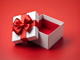 Elegant White Gift Box With Red Ribbon Uncovered Showing Interior On Red Background