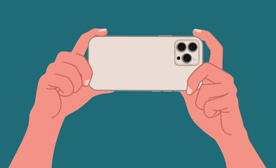 A hand using a smartphone back view isolated on background Flat vector illustration. Taking picture with mobile phone back view.