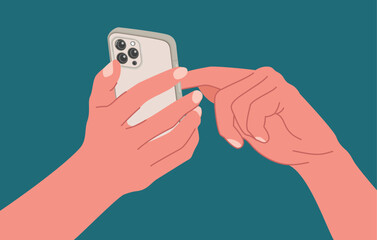 Hands using a smartphone back view isolated on blue background Flat vector illustration. People chat, business time, using mobile apps, Contactless pay. Fingers touching, tapping, scrolling