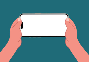 Hands using a smartphone with blank screen isolated on blue background Flat vector illustration. People chat, business time, using mobile apps, Contactless pay. Fingers touching, tapping, scrolling.