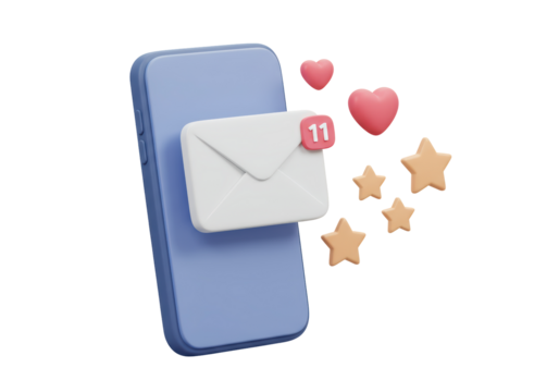Isolated Smartphone Receiving a Love Letter Notification with Hearts and Stars